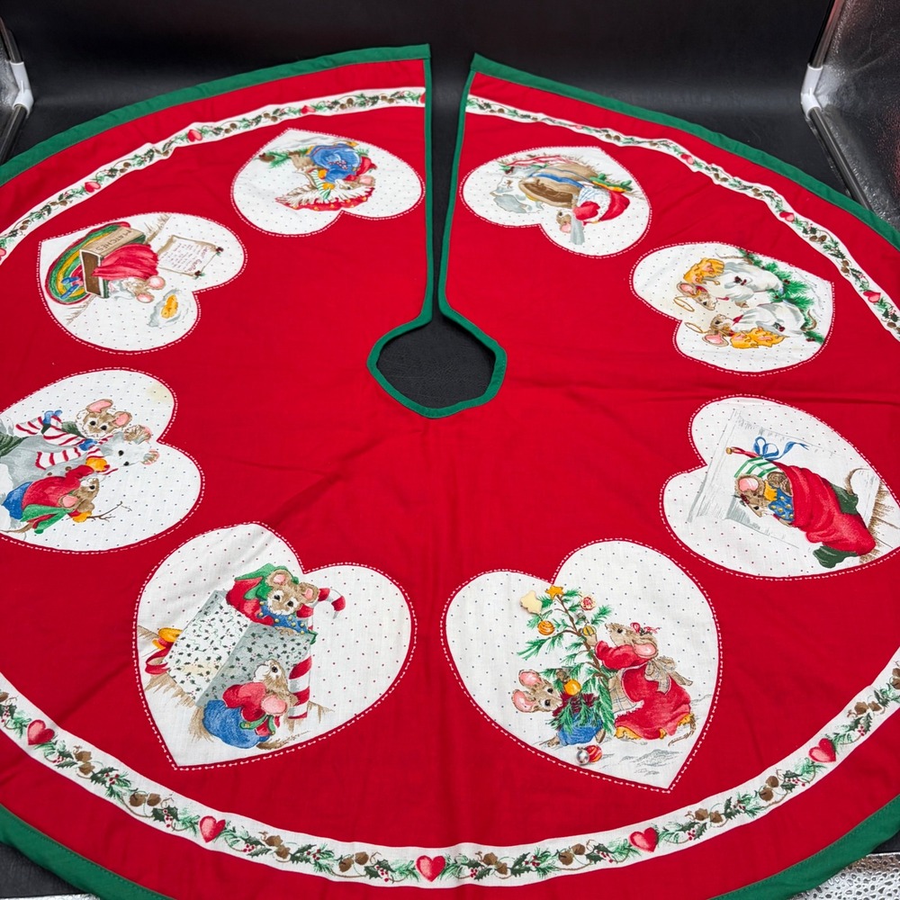 Vintage Christmas Tree Skirt Red Green Mice Hearts Whimsical Holiday Decor 31"
